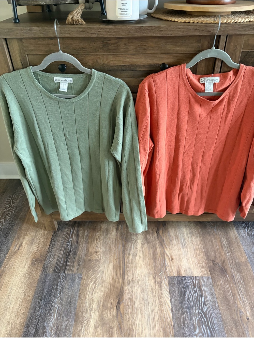 dressbarn Ribbed Crewneck Sweaters in Sage Green & Coral